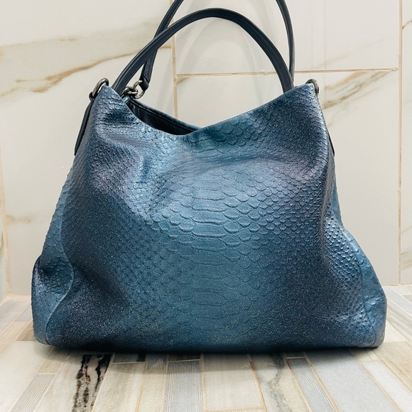 Coach Navy Blue Iridescent Python Embossed Leather Tote F36627 - Picture 16 of 16
